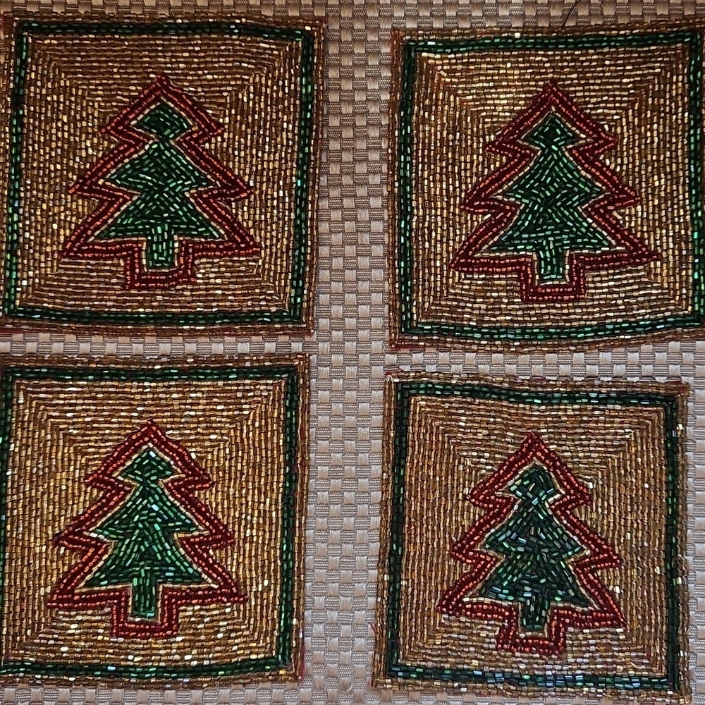 Vintage Drink Coasters Handmade Glass Beads Christmas Tree Sparkle